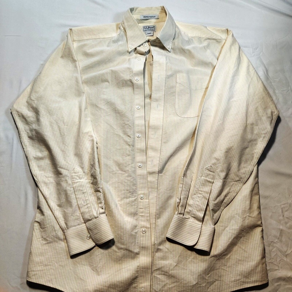 VTG LL BEAN Striped Yellow White Long Sleeve Wrinkle Button Up Shirt, Size 18-36